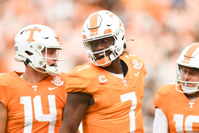 Tennessee quarterback Joe Milton III (7) smiles during a football game between Tennessee and Vanderbilt at Neyland Stadium in Knoxville, Tenn., on Saturday, Nov. 25, 2023.