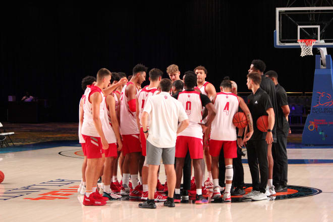 The Indiana men's basketball team huddles up during warmups in preparation for the second game against BC Mega.  