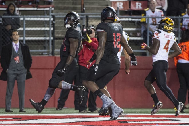 Nov 4, 2017; Piscataway,, NJ, USA; Rutgers Scarlet Knights running back Gus Edwards (13) scores a touch down against the Maryland Terrapins during the second half of the game at High Point Solutions Stadiun. 