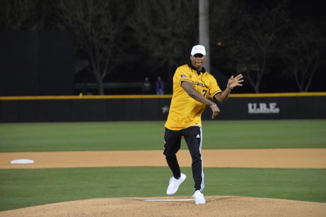 Record setting East Carolina wide receiver Zay Jones tossed out the first pitch Friday night.