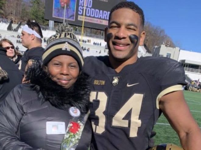 Fullback Rashaad Bolton’s mother LeGena Bolton joins her son on Senior Day inside Michie Stadium on the grounds of West Point