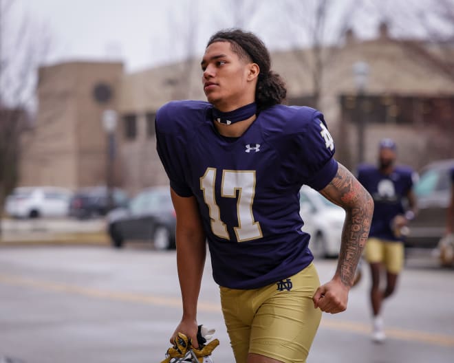 Rico Flores Jr. (17) is one of three early enrolled freshman wide receivers who have been turning heads this spring during Notre Dame football practices.