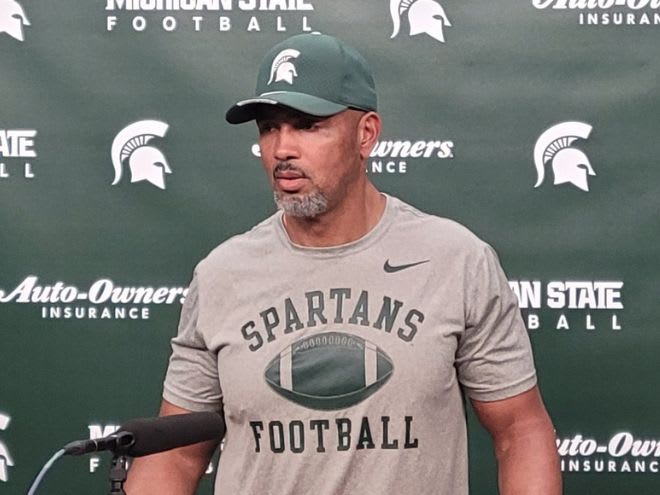 Michigan State defensive line coach Diron Reynolds addresses the media on Aug. 9. 2023 