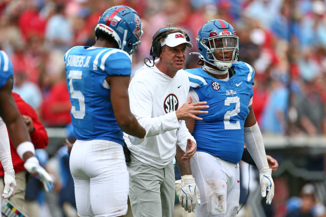 Ole Miss Rebels head coach Lane Kiffin gives direction during the second half against the Kentucky Wildcats at Vaught-Hemingway Stadium. Mandatory Credit: Petre Thomas-Imagn Images