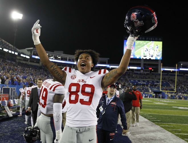 Ole Miss defensive end Ryder Anderson celebrates the Rebels' win at Kentucky last November.