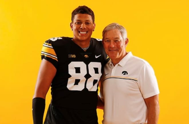 Four-star tight end Micah Riley-Ducker with Iowa head coach Kirk Ferentz on his official visit this weekend.
