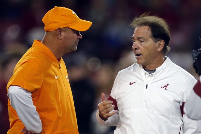 Alabama Crimson Tide coach Nick Saban is 2-0 against Tennessee coach Jeremy Pruitt (Butch Dill-USA TODAY Sports)