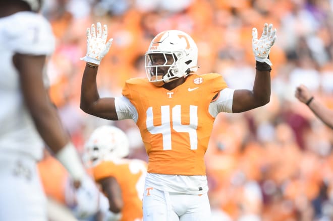 Tennessee linebacker Elijah Herring (44) raises his hands on the field during a football game between Tennessee and Texas A&M at Neyland Stadium in Knoxville, Tenn., on Saturday, Oct. 14, 2023.