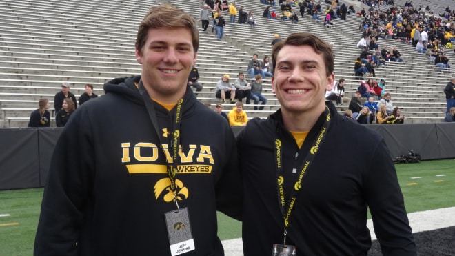 Jeff Jenkins and Samson Evans at Iowa's Spring Game on Friday night.