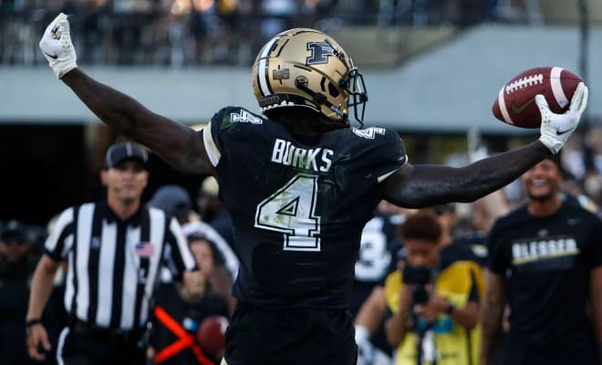 Purdue Boilermakers wide receiver Deion Burks (4) reacts after making a catch during the NCAA football game against the Illinois Fighting Illini, Saturday, Sept. 30, 2023, at Ross-Ade Stadium in West Lafayette, Ind. Purdue Boilermakers won 44-19.