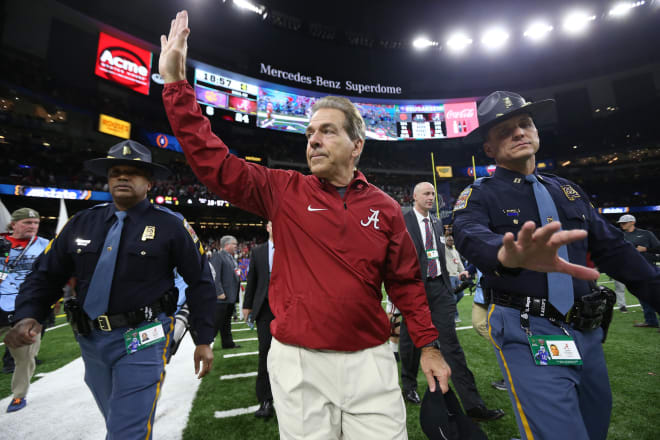 Alabama Crimson Tide head coach Nick Saban waves after the game against the Clemson Tigers in the 2018 Sugar Bowl college football playoff semifinal game at Mercedes-Benz Superdome. Photo | Chuck Cook-USA TODAY Sports