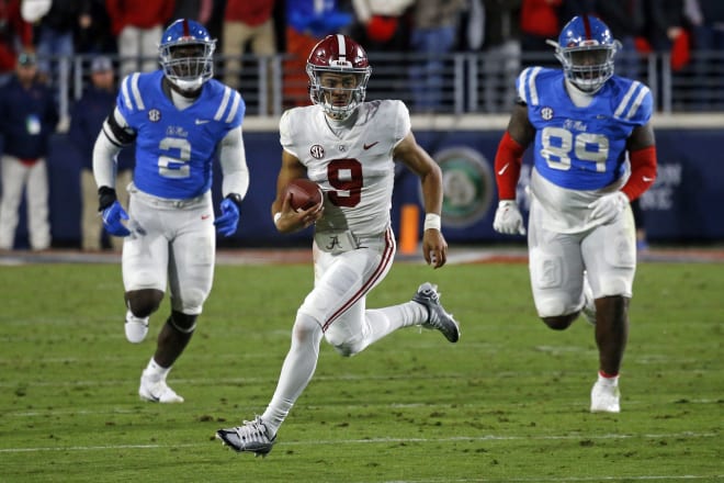 Alabama Crimson Tide quarterback Bryce Young (9) runs the ball during the second half against the Mississippi Rebels at Vaught-Hemingway Stadium. Photo | Petre Thomas-USA TODAY Sports