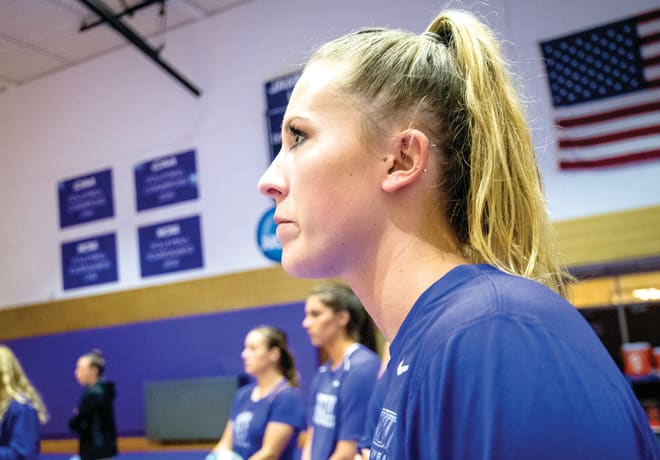 Janey Goodman looks on during a James Madison practice in October.