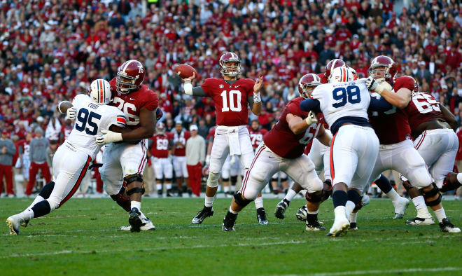 TUSCALOOSA, AL - NOVEMBER 24: AJ McCarron #10 of the Alabama Crimson Tide passes for a touchdown to Kevin Norwood #83 against the Auburn Tigers at Bryant-Denny Stadium on November 24, 2012 in Tuscaloosa, Alabama. (Photo by Kevin C. Cox/Getty Images)