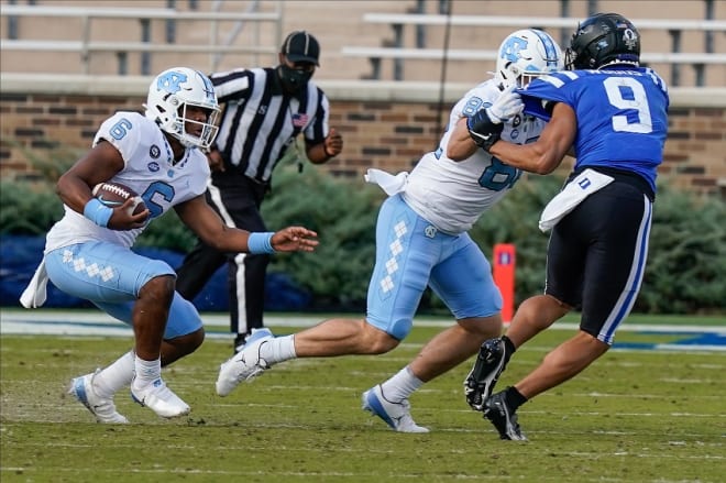 Jacolby Criswell (6) took 44 snaps in games last season for the Tar Heels.