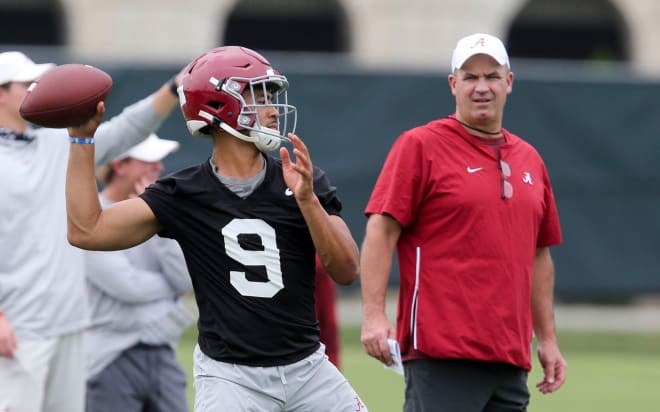 offensive coordinator Bill O'Brien watches quarterback Bryce Young throw during practice. The Alabama Crimson Tide opened practice for the 2021 season as they prepare to defend the 2020 National Championship Friday, Aug. 6, 2021. Photo | Gary Cosby Jr.