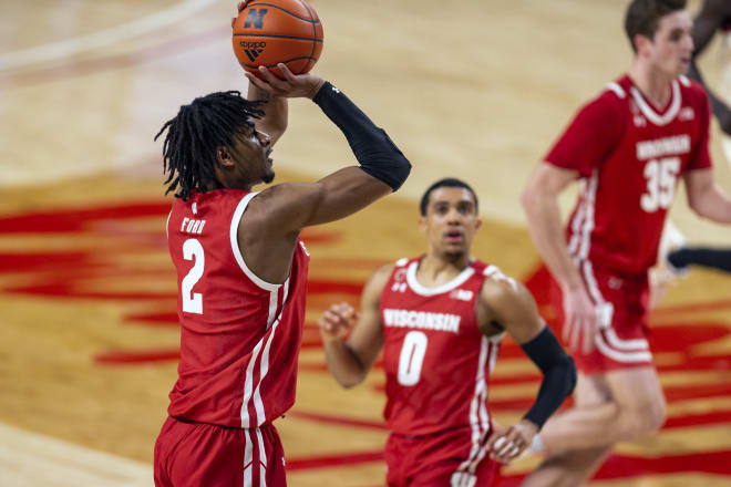 Senior Aleem Ford makes one of his two 3-pointers in the first half in Wisconsin's victory in Lincoln