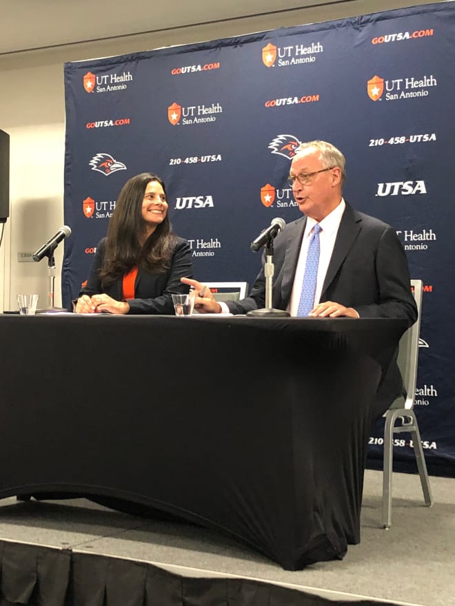 UTSA Athletic Director Dr. Lisa Campos (L) and President Dr. Taylor Eighmy discuss the move to the American Athletic Conference with media on Thursday afternoon.