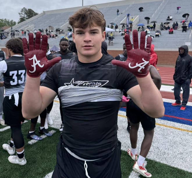 Luke Metz sporting Alabama gloves at Rivals Camp Atlanta.