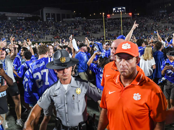 Clemson head coach Dabo Swinney, right, saw his team lose its season opener at Duke on Monday night.