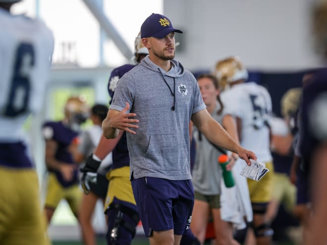 Notre Dame safeties coach Chris O'Leary (pictured) will accompany head coach Marcus Freeman on recruiting trips in California on Tuesday.