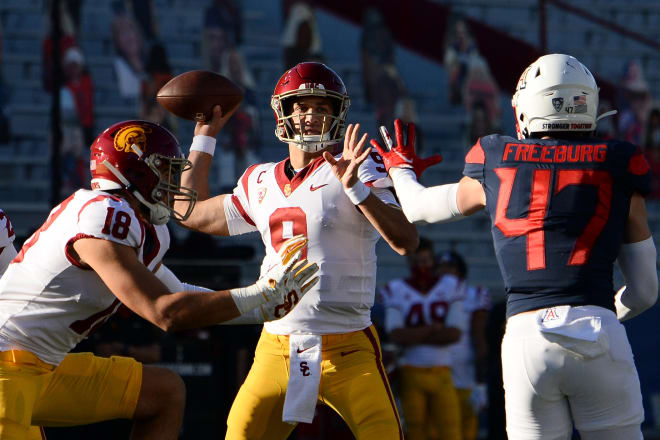 USC quarterback Kedon Slovis completed 30 of 43 passes for 325 yards, 1 TD and 0 INT in the Trojans' win at Arizona on Saturday.