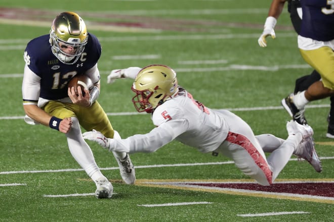 Notre Dame quarterback Ian Book competed 12 of 13 passes that traveled fewer than 10 yards in a 45-31 win over Boston College.