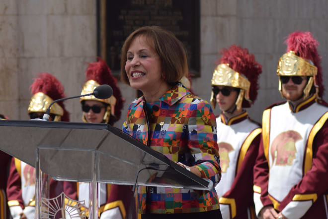 USC President Carol Folt at the ribbon-cutting ceremony for the renovated LA Memorial Coliseum.