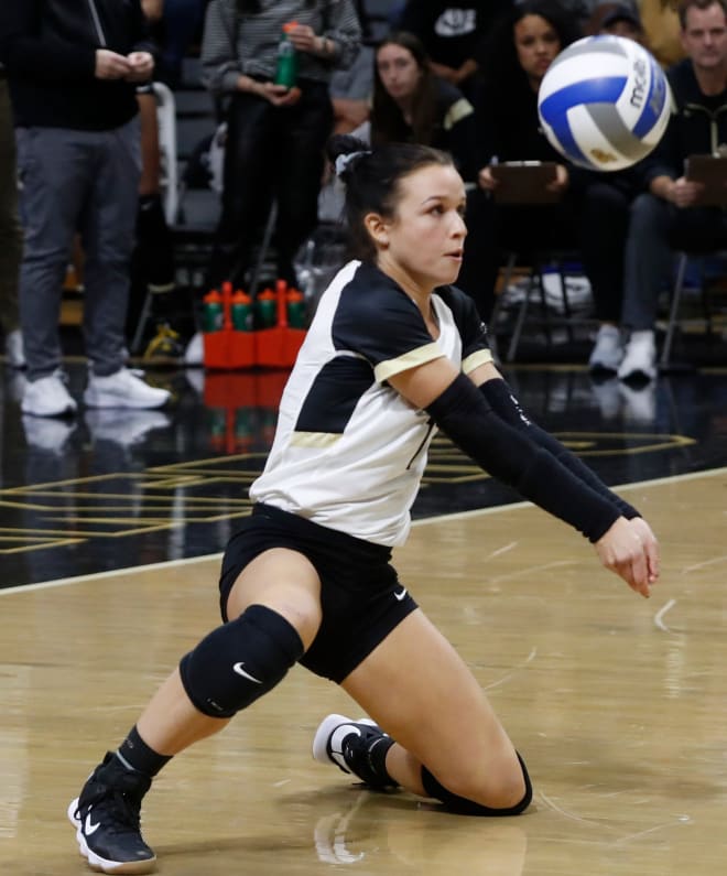 Purdue Boilermakers Ava Torrance (1) hits the ball during the NCAA volleyball match against the Nebraska Cornhuskers, Wednesday, Oct. 19, 2022, at Holloway Gymnasium in West Lafayette, Ind.
