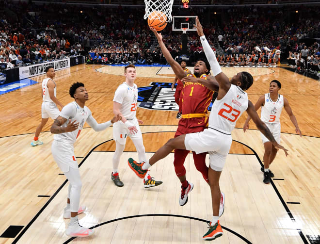 Izaiah Brockington lays up a shot in his final collegiate game, a 70-54 Sweet 16 loss to Miami (Fla.) in Chicago, Illinois.