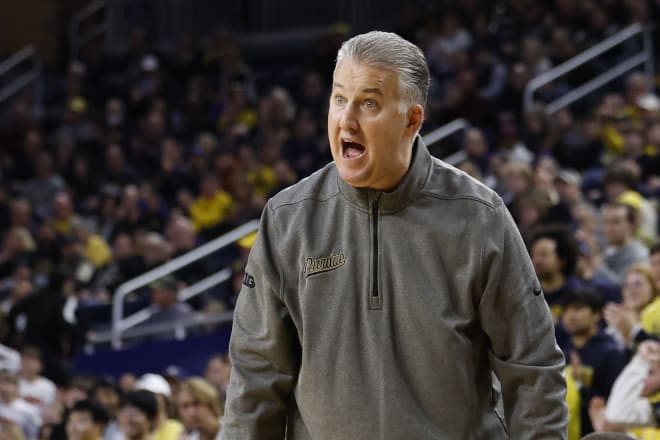 Feb 25, 2024; Ann Arbor, Michigan, USA; Purdue Boilermakers head coach Matt Painter reacts in the first half against the Michigan Wolverines at Crisler Center. Mandatory Credit: Rick Osentoski-USA TODAY Sports