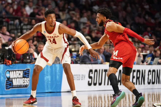 Alabama Crimson Tide forward Brandon Miller (24) dribbles against Maryland Terrapins guard Don Carey (0) during the second half at Legacy Arena. Photo | Marvin Gentry-USA TODAY Sports