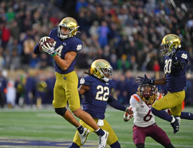 Notre Dame sophomore safety Kyle Hamilton intercepting a pass against Virginia Tech in 2019