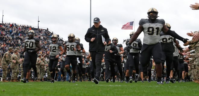 Purdue Boilermakers head coach Jeff Brohm leads the Boilermakers onto the field during the NCAA football game against the Iowa Hawkeyes, Saturday, Nov. 5, 2022, at Ross-Ade Stadium in West Lafayette, Ind. Iowa won 24-3. 