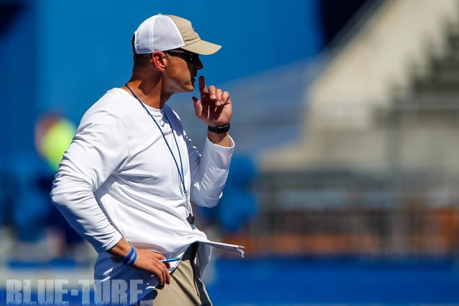 Boise State head coach, Bryan Harsin looks on during practice.