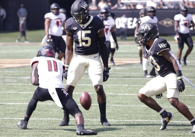 Jaylen Hudson, No. 15, has been mostly a special teams contributor for Wake Forest in the past few seasons. 