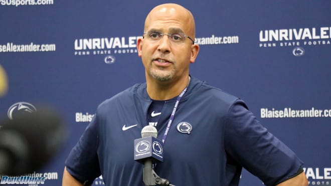 Penn State coach James Franklin talked to reporters on Tuesday, just as he's seen doing here following a recent practice. BWI photo/Ryan Snyder