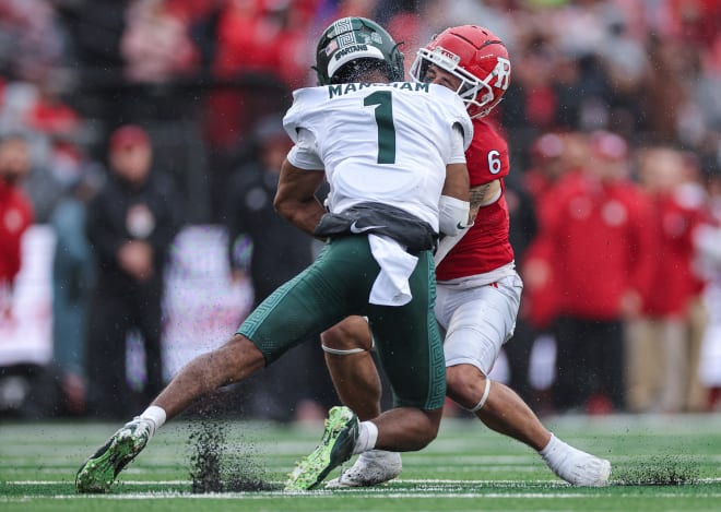 Michigan State safety Jaden Mangham makes a tackle versus Rutgers on Oct 14, 2023.