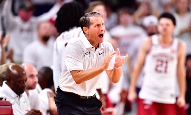 Arkansas head coach Eric Musselman during Wednesday's matchup with Duke at Bud Walton Arena in Fayetteville.