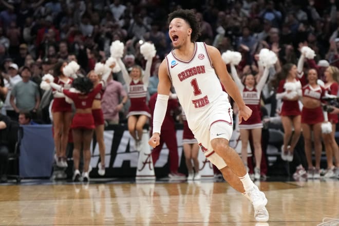 Alabama Crimson Tide guard Mark Sears (1) celebrates after defeating the Clemson Tigers in the finals of the West Regional of the 2024 NCAA Tournament at Crypto.com Arena. Photo | Kirby Lee-USA TODAY Sports