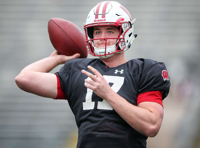 Notre Dame Fighting Irish football graduate transfer quarterback Jack Coan during his time at Wisconsin