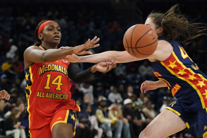 Notre Dame incoming freshman KK Bransford throws a pass during the McDonald's All-American Girls basketball game,, March 29, 2022, in Chicago. 