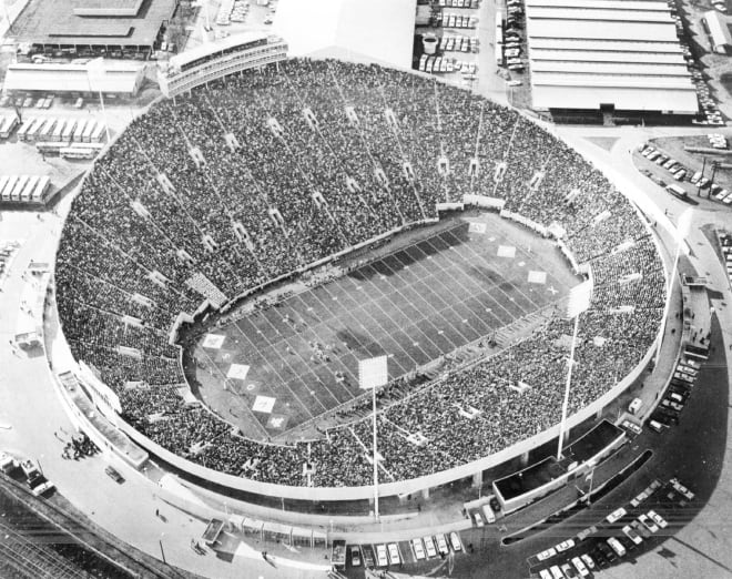 Memphis Memorial Stadium the week before the 1969 Liberty Bowl. Colorado's players were subjected to an ongoing barrage of racial slurs and verbal assault by the sellout crowd of over 50,000.