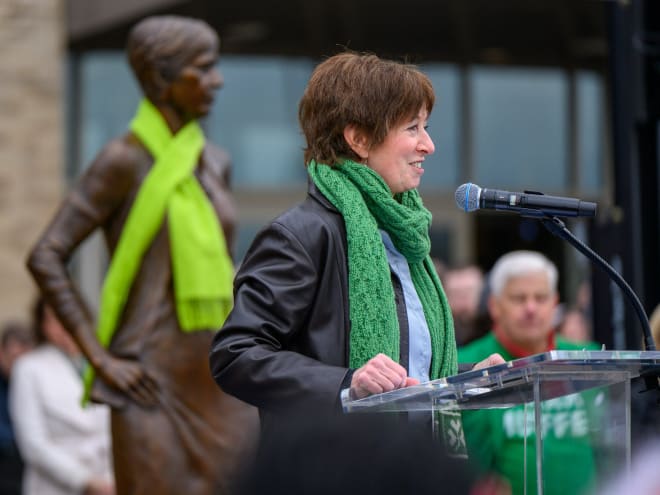 Former Notre Dame women's basketball coach Muffet McGraw speaks to a crowd Sunday after her status was unveiled on campus.