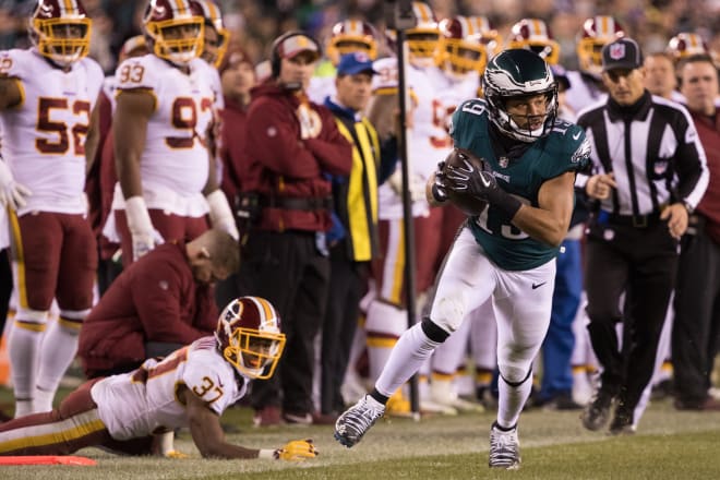 Former Irish wide receiver Golden Tate caught seven passes for 85 yards and one touchdown in a win over the Washington Redskins.