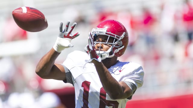 Alabama wide receiver T.J. Simmons recorded seven receptions in the Crimson Tide's first scrimmage. Photo | Laura Chramer
