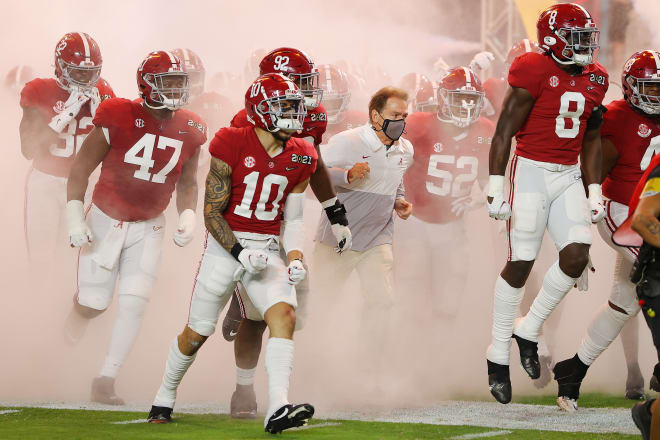Nick Saban leads Alabama onto the field before the national championship game. Photo | Getty Images 