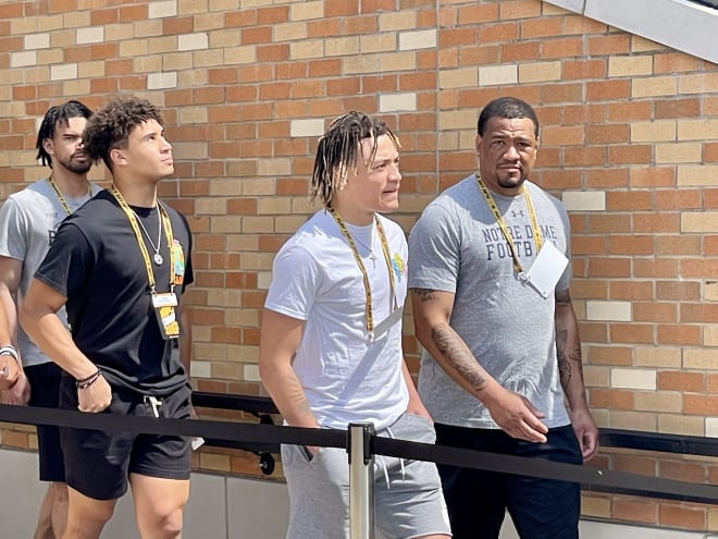 2023 four-star wide receiver Jaden Greathouse (second from left) visited Notre Dame for the first time on Saturday.
