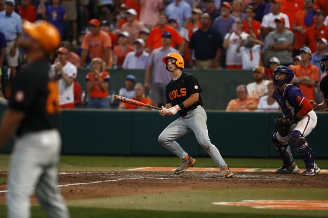 Tennessee infielder Zane Denton looks on as his home run ball gave the Vols the lead in the ninth inning against Clemson at Doug Kingsmore Stadium on Saturday. Tennessee won 6-5 in 14 innings.