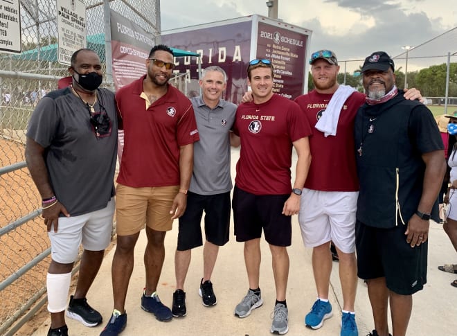 (From left) Odell Haggins, Markus White, Mike Norvell, Philip Doumar, Nick O’Leary and Ron Dugans.